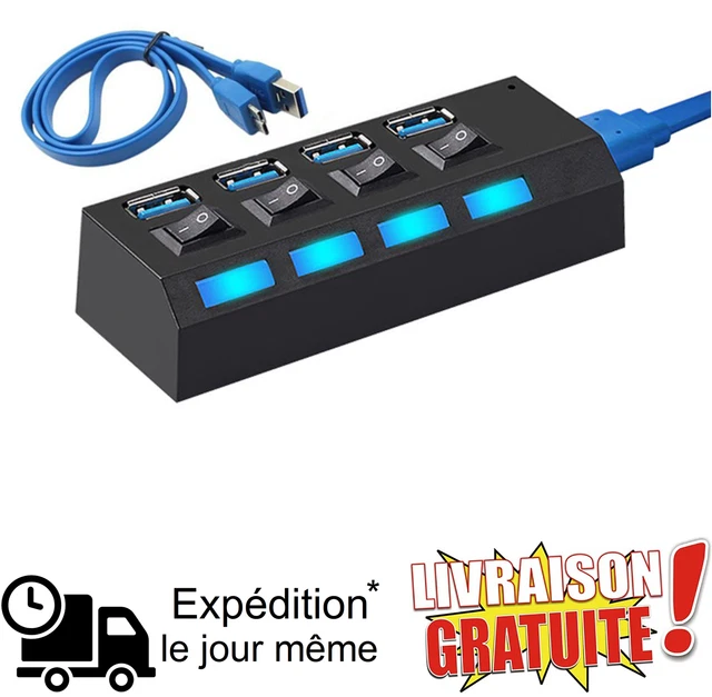 Hub USB 3.0 4 Ports Avec Câble 10 Cm - Multi-prise 5Gbps, Pour PC Portable, Neuf