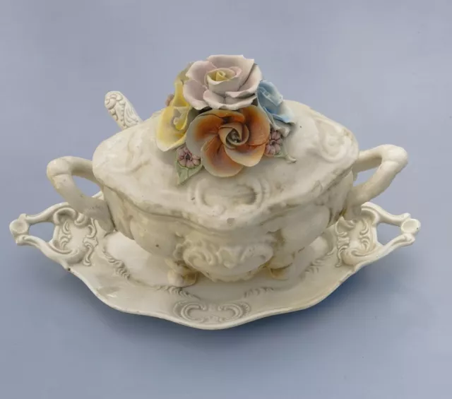 Ancienne soupière en céramique Italienne peinte à décor floral plateau+cuillère