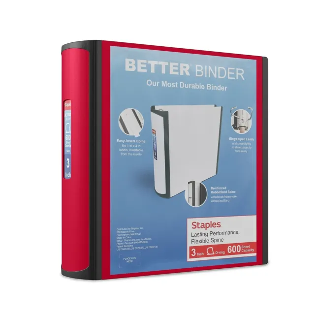 Staples Better 3-Inch D 3-Ring View Binder Red (18367) 807717
