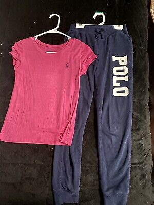 polo girls tshirt and sweat pants set hot pink and navy blue Size Large