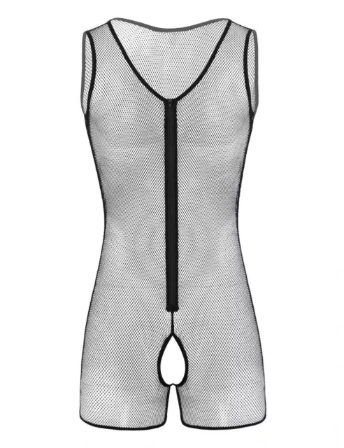 US MEN SEXY See-Through One-piece Mesh Sheer Bodysuit Sleeveless Shorts ...