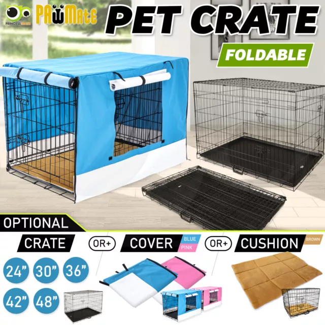 Dog Cat Pet Cage Wire Kennel Crate Foldable Metal Tray Cover 24" 30" 36" 42" 48"