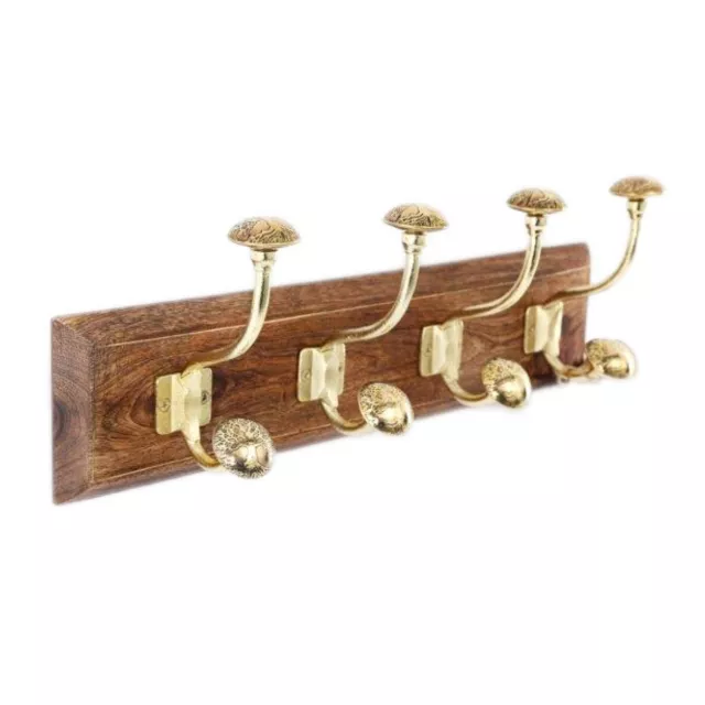 4 Hooks Coat Rack Wood Key Hanger Wall Mounted Heavy Duty Metal Natural Wooden