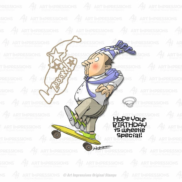 Stempel "Wheelie Mini Shaker" Art Impressions, Mann auf Skateboard, Geburtstag