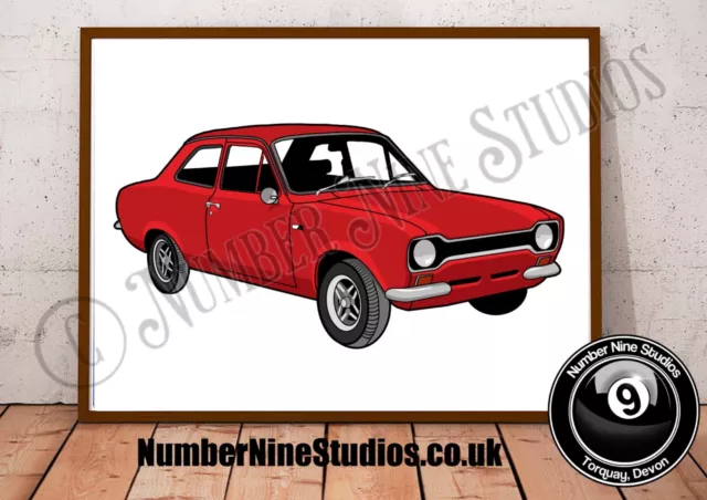 Ford Escort mk 1 Red Edition Illustration, high quality ,signed by artist.