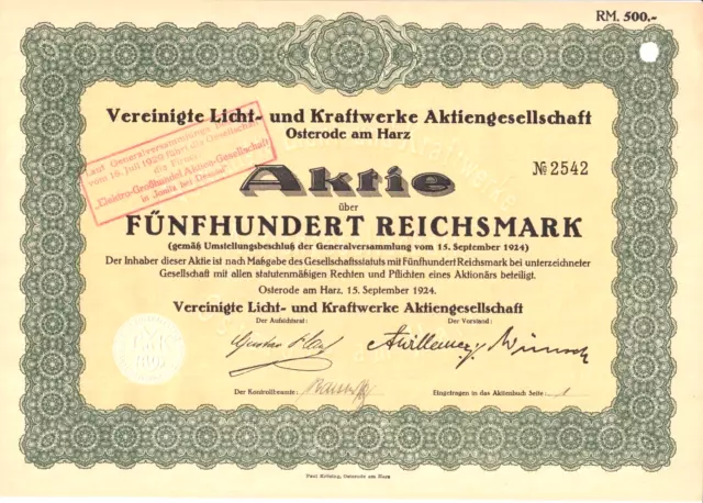 Vereinigte Licht- und Kraftwerke AG Osterode am Harz, Aktie über 500 RM, 1924