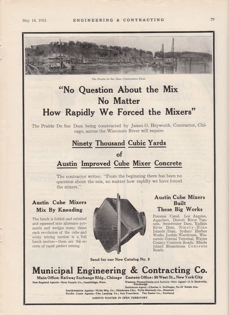 1913 Municipal Engineering Chicago IL Ad: Prairie du Sac WI Dam Construction