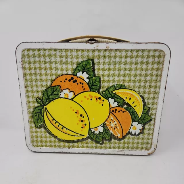 VINTAGE OHIO ART METAL LUNCHBOX GREEN GINGHAM WATERMELON ORANGE LEMON No Thermos