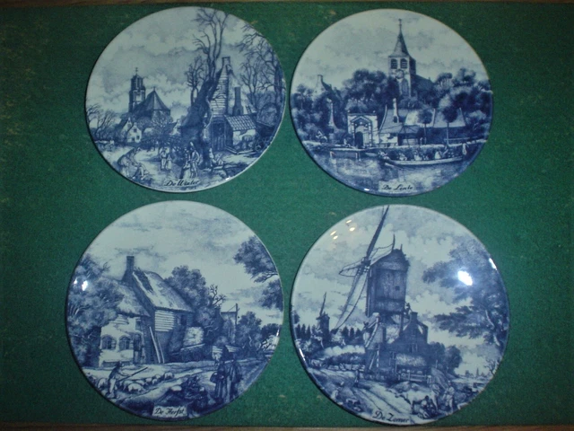 DUTCH DELFT PLATES THE 4 SEASONS JAN V/D VELDE SET OF 4 PLATES 17mm ACROSS