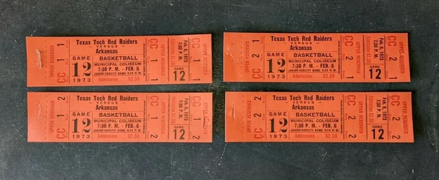 Lot of 4 1973 Texas Tech Red Raiders vs Arkansas Men's Basketball Ticket Stubs 2
