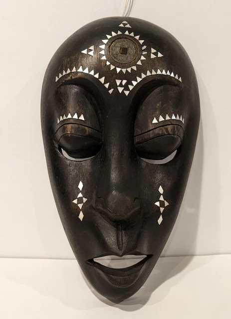 Beautiful Hand Carved African Tribal Wood Mask, Mother of Pearl Inlay 9.75"x8.5"