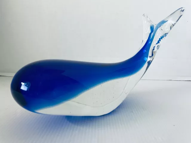 Murano Glass Blue Clear Whale Paperweight 10 in Hand Blown MCM Italy 4+ lbs