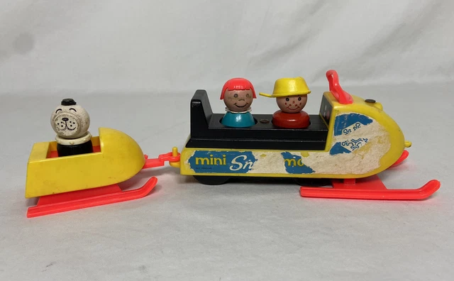 Vintage Fisher Price wooden Little People mini Snow Mobile & Tow Sled # 705