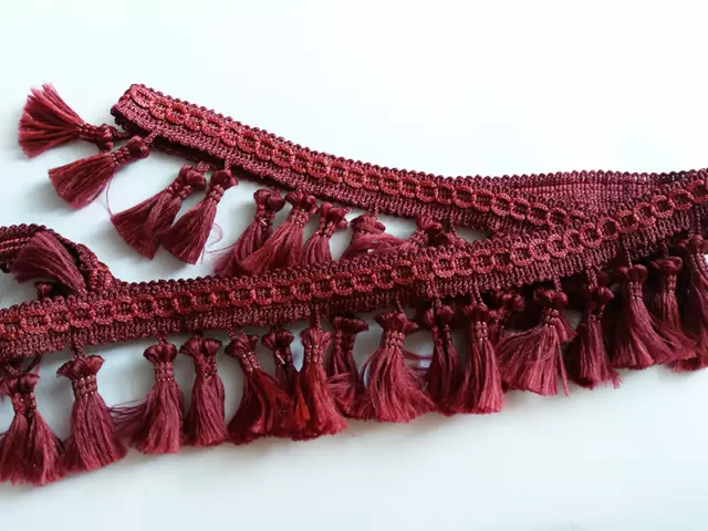 Fringe Tassel Trim Bobble Ribbon Tape with Tassels curtains craft BURGUNDY RED