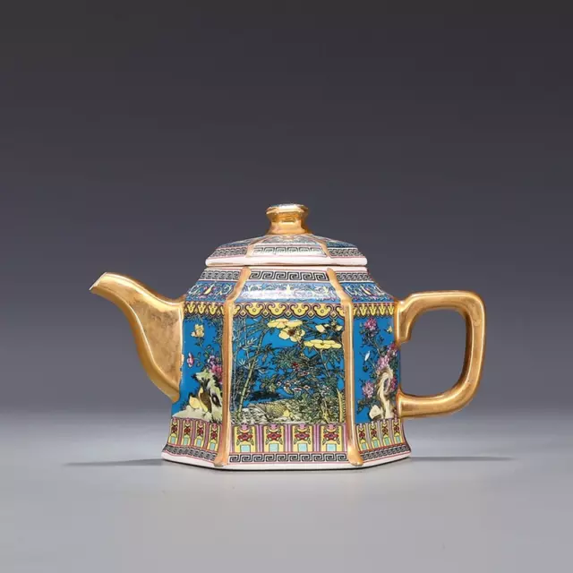 6.73' Chinese Jingdezhen Antique Qianlong Enamel Gold Teapot Handle Hexagon