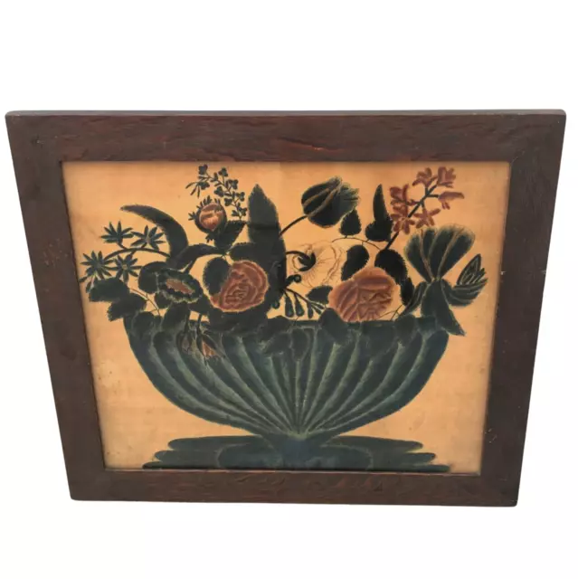 19th Century American Folk Art Theorem, painting on Velvet, Flowers in a Bowl