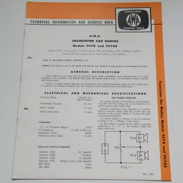 Orig. 1964 Awa Service Manual For Ford Galaxie Custom 300 Fairlane 500 Car Radio