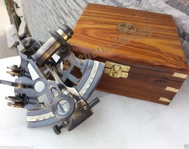 Nautical Wooden Box  Vintage Marine Sextant  Brass Collectable Astrolabe Decor