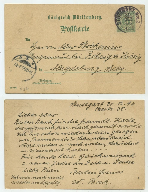 91849 - Ganzsache P 37 - Postkarte - Stuttgart 30.12.1896 nach Magdeburg