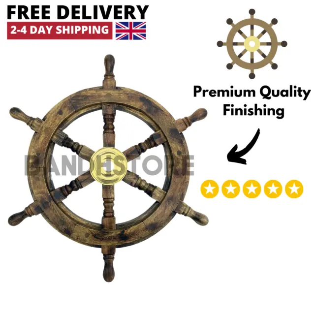 Wooden Ship Wheel Steering 19" Nautical Decor Wood With Brass Inlay UK Seller