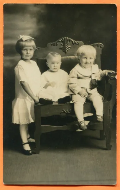 Crystal Falls, MI, Portrait of 3 Young Siblings, Old Real Photo Postcard 1920s