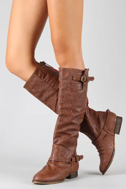 Tan Brown Faux Leather Zipper Buckle Riding Knee High Boot Breckelles Outlaw-81