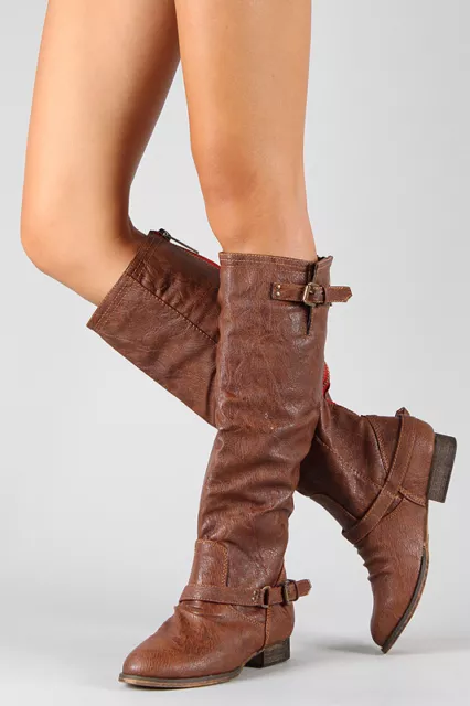 Tan Brown Faux Leather Zipper Buckle Riding Knee High Boot Breckelles Outlaw-81
