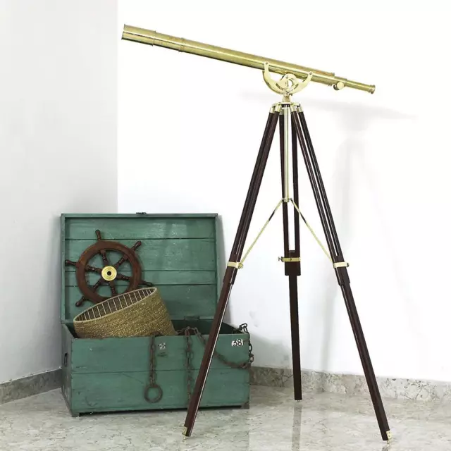 Antique Navy Heavy Brass Nautical 39" Telescope With Wooden Tripod Stand Decor