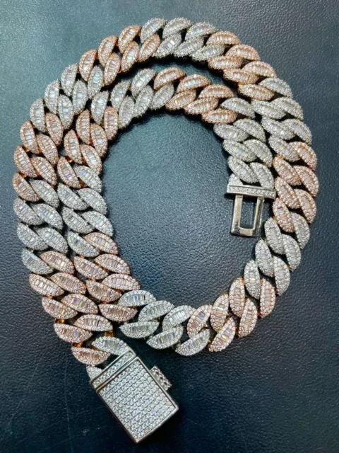 Men's Baguette Iced Cuban Link Chain Necklace Icy Choker 16mm Two Tone Silver Cz