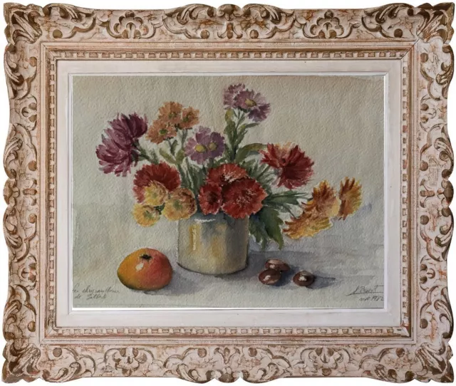 Suzanne Provot (1931-2022) Superbe Peinture Bouquet de Fleurs Chrysenthème  (50)