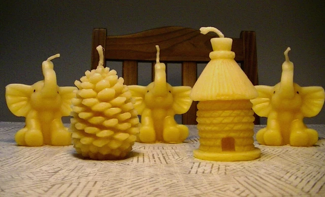 5 velas de cera de abejas reales, figurativas, hechas a mano, elefante, colmena, conos