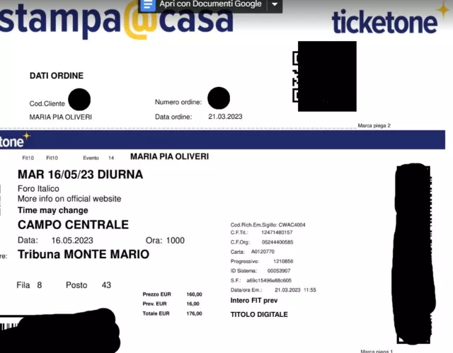 2/3 Biglietti Internazionali Tennis BNL Roma 2023 Foro Italico - Centrale 16/05