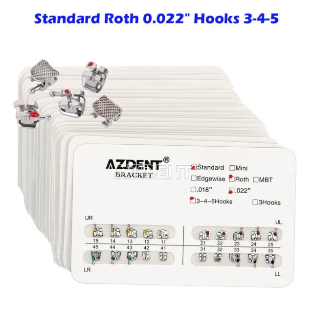 AZDENT Dental Orthodontic Metal Brackets Braces Standard Roth 0.022" Hooks 3-4-5