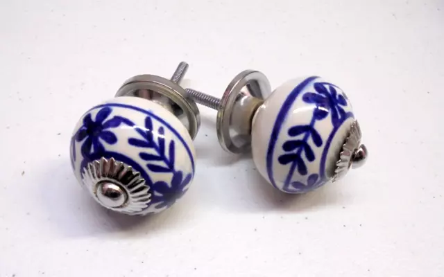Blue & White Floral Flowers Porcelain Country Cabinet Pulls Knobs Set of 2