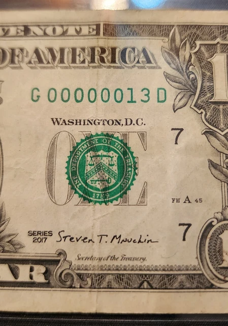 Extremly RARE & LOW Dollar Bill Note Low Serial Number. 2017 LUCKY NUMBER 13!