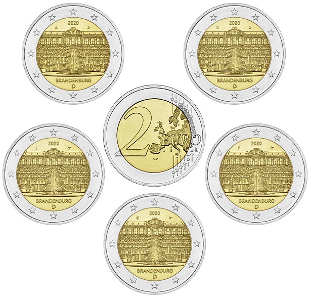 2 Euro Münze Schloss Sanssouci Fehlprägung BRD 2 EURO Brandenburg Schloss Sanssouci 2020 Komplettsatz Oder