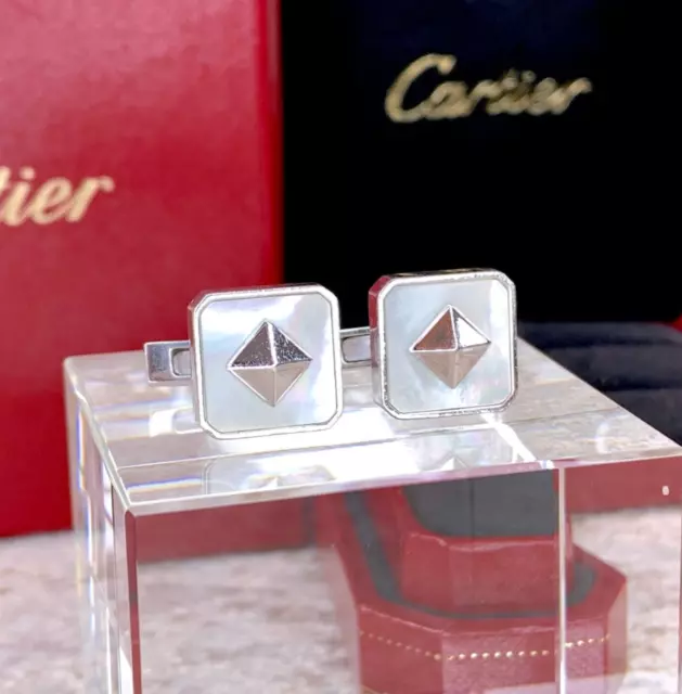 Authentic Cartier Cufflinks Shell & 925 Sterling Silver Pyramid Rare Model