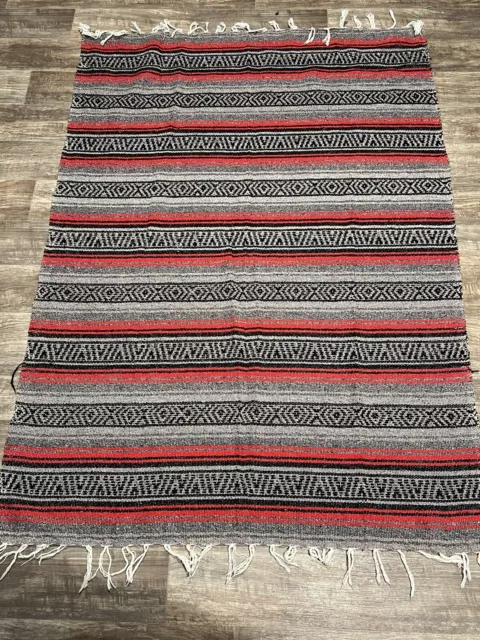 Vintage Mexican Serape Blanket Colorful Green Red Brown Black 72”X52” Aztec