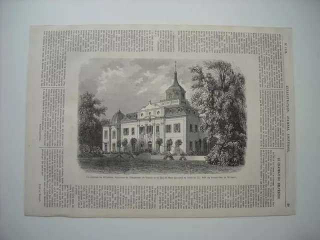 Gravure 1870.  Belgique. Bruxelles. Chateau Du Belvedere, Residence Emp Russie..