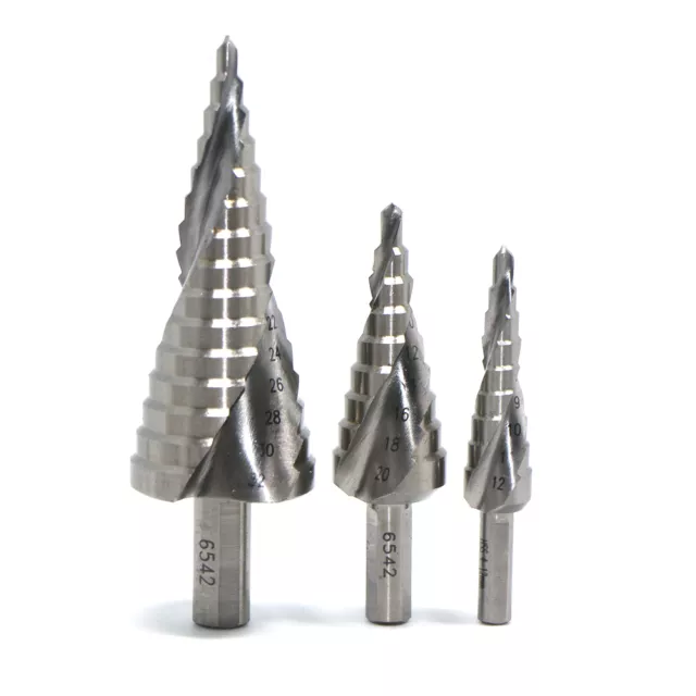 3pc HSS6542 Spiral Groove Step Drill Bit for Stainless Steel Cutting4-12/20/30mm