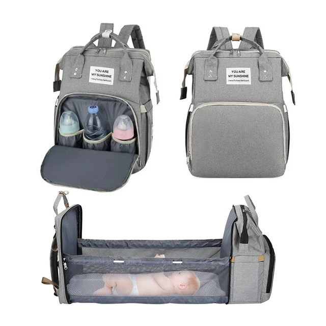 3 in 1 Baby Diaper Bag Backpack Foldable Travel Bag with Bassinet Portable Grey