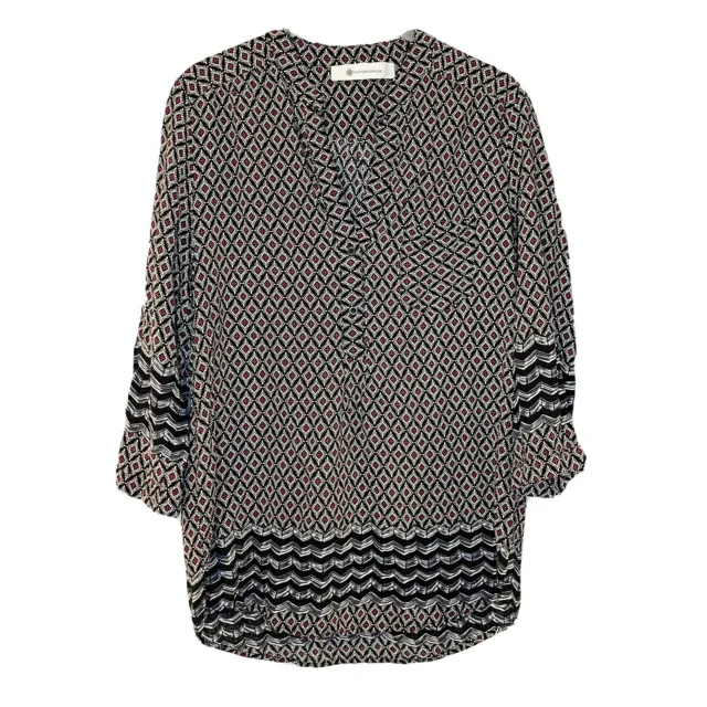 The Impeccable Pig Peasant Top Black Diamond Tribal Print Henley 3/4 Sleeve S