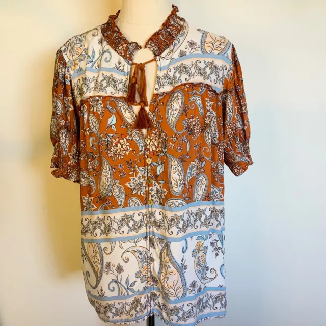 JAASE top womens SIZE XS Fit 14 Brown Blue floral short sleeves boho tassels