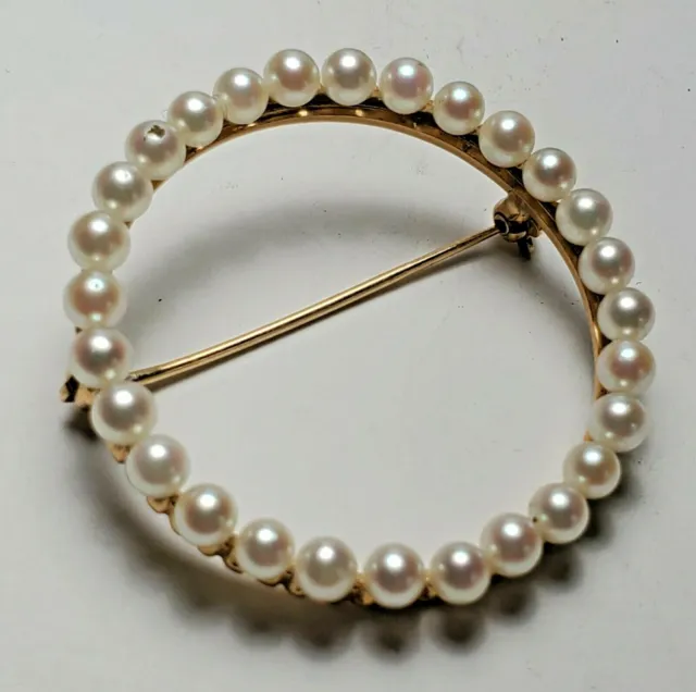ESTATE 14K YELLOW GOLD PEARL OPEN CIRCLE BROOCH PIN-585-3.5mm ROUND WHITE PEARLS
