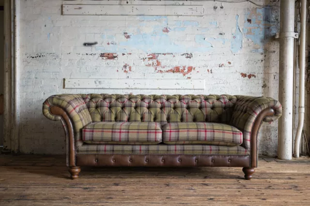 Handmade 3 Seater Green / Brown Tartan Check Wool Fabric Chesterfield Sofa
