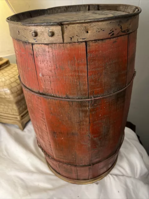 Antique Red Nail Keg ~ 17 1/4” Tall  Wood Nail Barrel