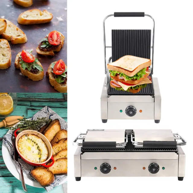 Commercial Panini Toaster Machine Ribbed Top Grill Electric Sandwich Maker