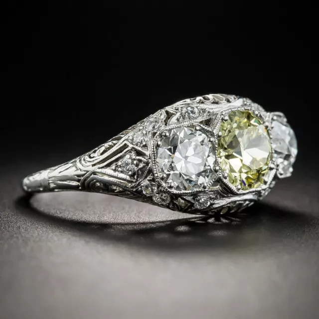 Art Deco Vintage 4Ct Round Cut Yellow Citrine Diamond Ring 14K White Gold Plated