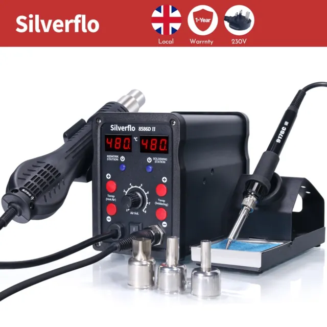 Silverflo 750W 8586D-II Soldering Iron Station Hot Air Gun 2 in 1 Rework Station