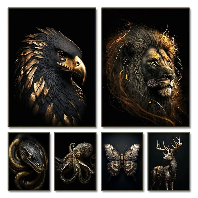 Black Gold Lion Animals Picture Wall Art Canvas Print Painting Artwork Poster